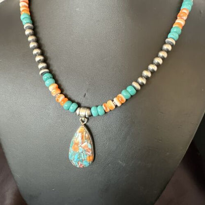 Navajo Spiny Turquoise Pendant Necklace | Sterling Silver | 21" | Authentic Native American Handmade | 17519