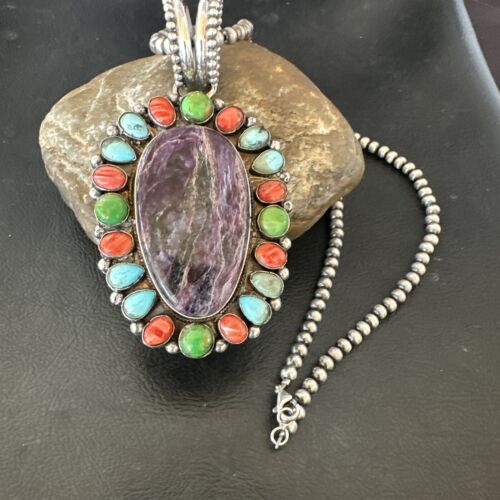 Navajo Purple Charoite Spiny Turquoise Pendant Necklace | Sterling Silver | Multi-Stone | 17146