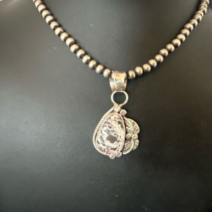 White Buffalo Turquoise Pendant | Navajo Pearls Sterling Silver Necklace 21" | Handmade Jewelry 17329