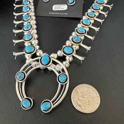 Navajo Kingman Turquoise Shadowbox Squash Blossom Necklace | Sterling Silver | Authentic Native American Handmade | 16091