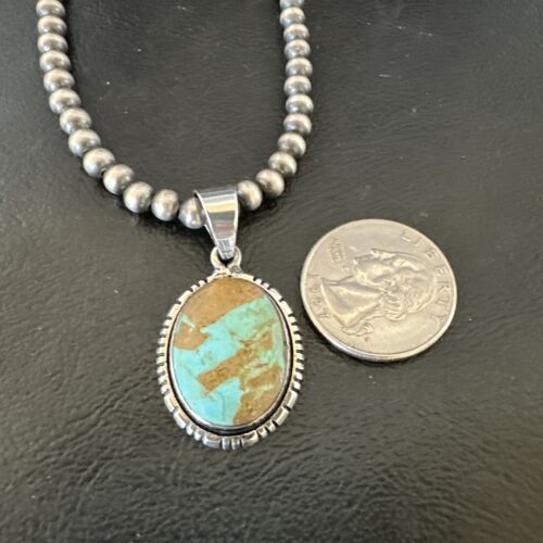 Navajo Blue Turquoise #8 Pendant | Sterling Silver Necklace with Pearls | Authentic Native American Handmade | 16353 - Masha USA