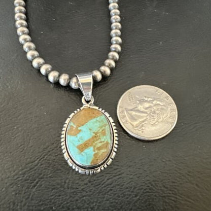 Navajo Blue Turquoise #8 Pendant | Sterling Silver Necklace with Pearls | Authentic Native American Handmade | 16353 - Masha USA