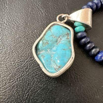 Navajo Lapis Turquoise Pendant Necklace | Sterling Silver | Authentic Native American Handmade | 17434