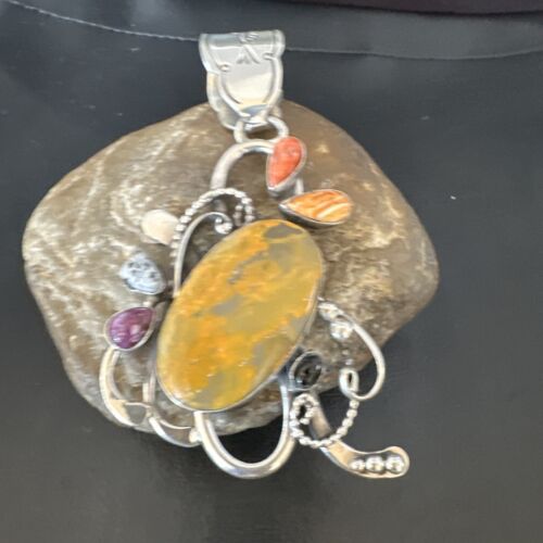 Navajo Sterling Silver Spiny Bumblebee Necklace Pendant | Multi-Stone | Authentic Native American Handmade | 16106