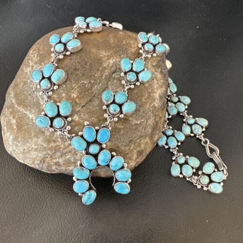 Rare Sleeping Beauty Kingman Turquoise Squash Blossom Necklace | Sterling Silver | 16269
