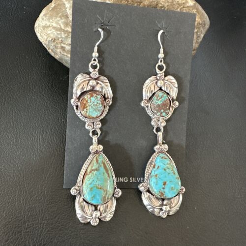 Navajo Blue Turquoise #8 Dangle Earrings | Sterling Silver | Authentic Native American Handmade | 16909