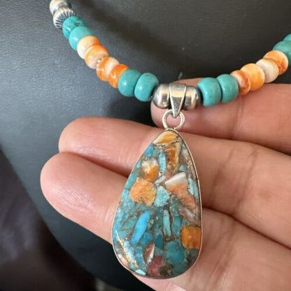 Navajo Spiny Turquoise Pendant Necklace | Sterling Silver | 21" | Authentic Native American Handmade | 17519