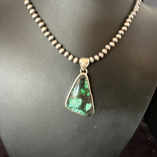 Men's Navajo Sterling Silver Necklace Pendant | Green Spiderweb Turquoise | Authentic Native American Handmade | 16215