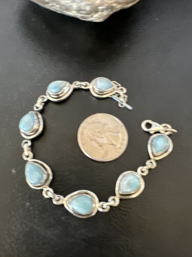 Navajo Blue Larimar Link Bracelet | Sterling Silver | 8" | Authentic Native American Handmade | 16083