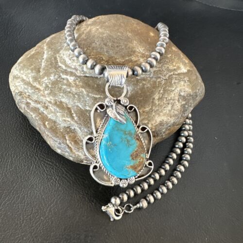 Men's Blue Kingman Turquoise Pendant Necklace | Navajo Pearls | Sterling Silver | 16022