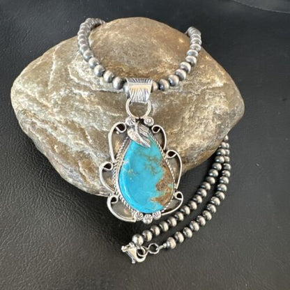 Men's Blue Kingman Turquoise Pendant Necklace | Navajo Pearls | Sterling Silver | 16022