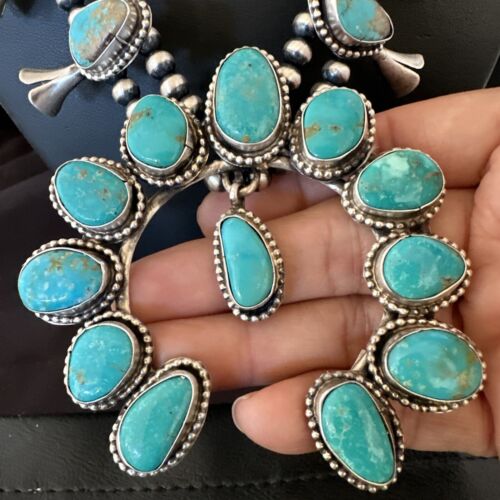 Kingman Turquoise Navajo Squash Blossom Necklace & Earrings | Sterling Silver | Native American Handmade | 16538