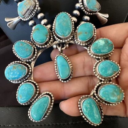 Kingman Turquoise Navajo Squash Blossom Necklace & Earrings | Sterling Silver | Native American Handmade | 16538
