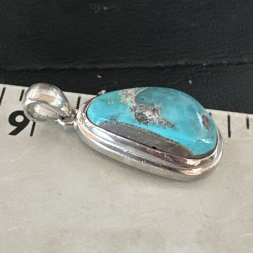 Blue Bisbee Turquoise Navajo Pendant | Sterling Silver | 1" | Authentic Native American Handmade | 17252