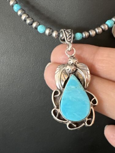 Navajo Pearls Kingman Turquoise Pendant Necklace | Sterling Silver | Authentic Native American Handmade | 14893