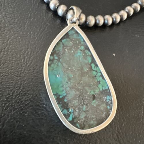 Men's Navajo Blue Spiderweb Turquoise Pendant Necklace | Sterling Silver | Authentic Native American Handmade | 16219