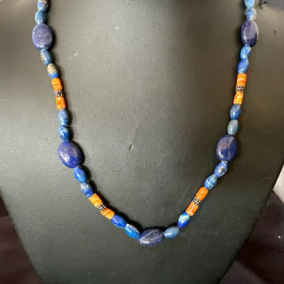 Men's Lapis & Orange Spiny Oyster Navajo Pearls Sterling Silver Necklace 18" | Handmade 17501