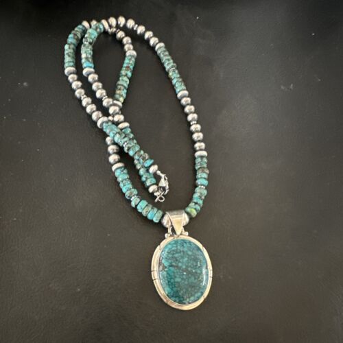 Men's Blue Spiderweb Turquoise Pendant Necklace | Navajo Sterling Silver | Authentic Native American Handmade | 17082