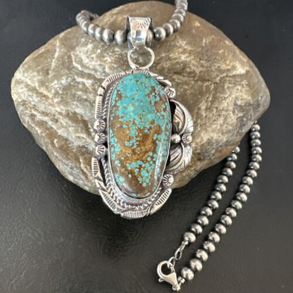 Navajo Blue Turquoise #8 Pendant | Sterling Silver Necklace with Pearls | Authentic Native American Handmade | 15903