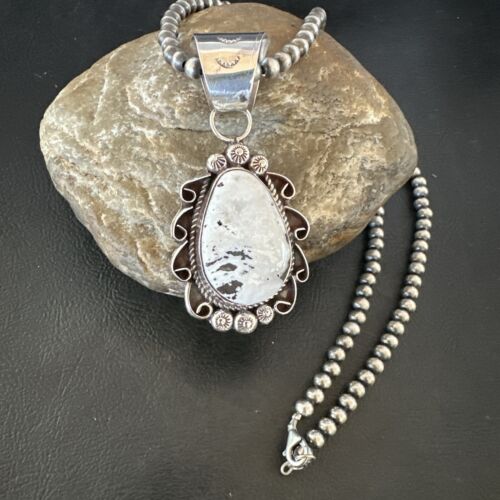 Men's White Buffalo Turquoise Pendant | Navajo Pearl Sterling Silver Necklace 21" | Handmade Jewelry | 17044