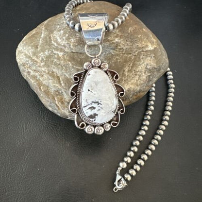 Men's White Buffalo Turquoise Pendant | Navajo Pearl Sterling Silver Necklace 21" | Handmade Jewelry | 17044