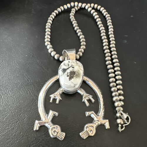 Navajo White Buffalo Turquoise Naja Pendant Necklace | Sterling Silver | Authentic Native American Handmade | 17122