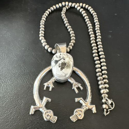 Navajo White Buffalo Turquoise Naja Pendant Necklace | Sterling Silver | Authentic Native American Handmade | 17122