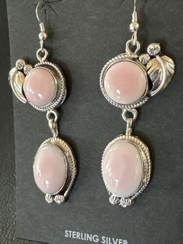 Navajo Pink Conch Shell Dangle Earrings | Sterling Silver | Authentic Native American Handmade | 17198