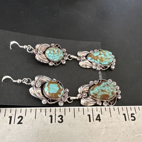 Navajo Blue Turquoise #8 Dangle Earrings | Sterling Silver | Authentic Native American Handmade | 16908