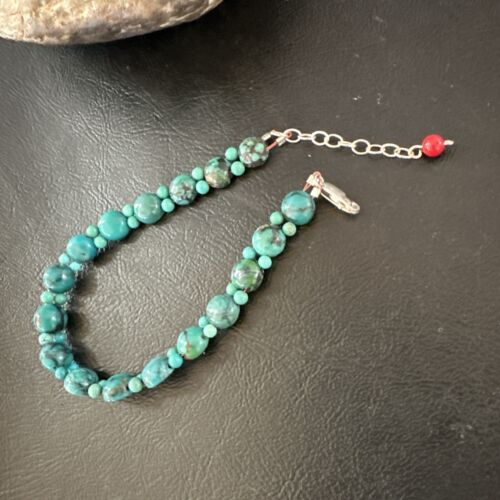 Navajo Blue Turquoise Bead Bracelet | Sterling Silver Link | 8" | Authentic Native American Handmade | 17230