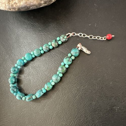 Navajo Blue Turquoise Bead Bracelet | Sterling Silver Link | 8" | Authentic Native American Handmade | 17230