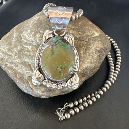 Men's Navajo Green Turquoise Pendant Necklace | Sterling Silver | Authentic Native American Handmade | 17527