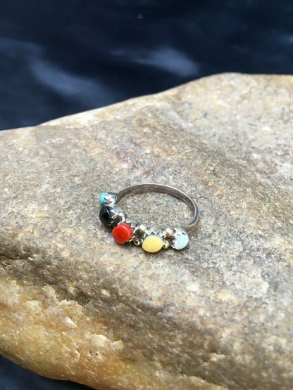 Zuni Blue Opal Coral Turquoise Ring | Authentic Native American Sterling Silver | Multi-Stone | Sz 6.5 | 8999