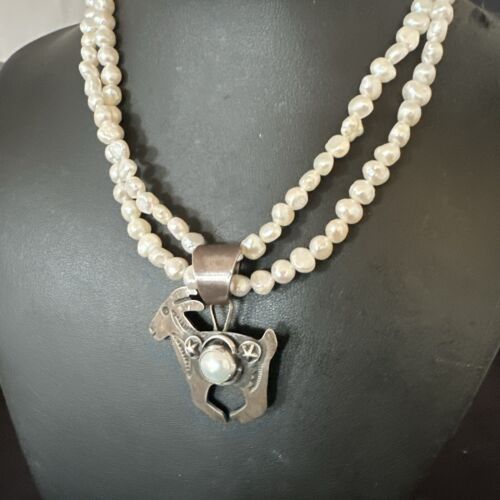 Navajo Old Pawn White Freshwater Pearl Sterling Silver Pendant Necklace | 14" Multi-Strand | 17369