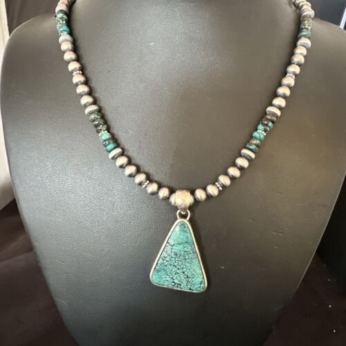 Men's Navajo Blue Spiderweb Turquoise Pendant Necklace | Sterling Silver | Authentic Native American Handmade | 16242