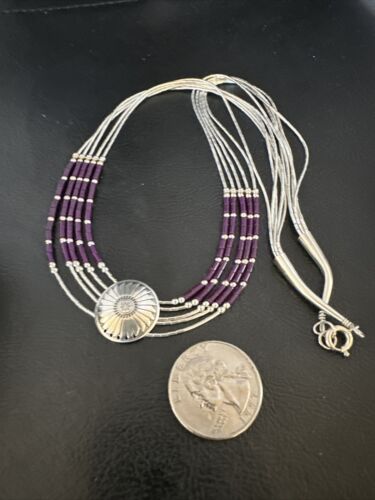 Navajo Purple Sugilite Heishi Concha Necklace | 5 Strand Liquid Sterling Silver | 20" | 15877