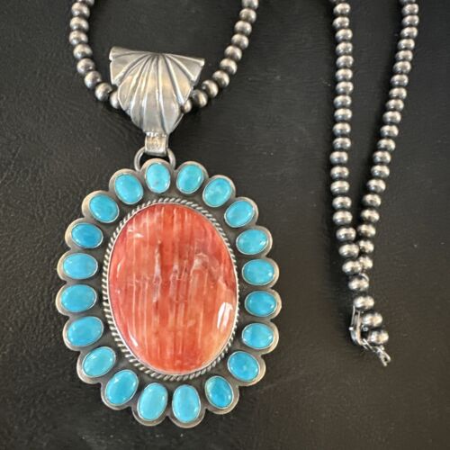 Navajo Kingman Turquoise & Red Spiny Oyster Pendant | Sterling Silver | Authentic Native American Handmade | 15449