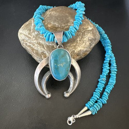 Navajo Blue Kingman Turquoise Naja Pendant Necklace | Sterling Silver | 26" | Authentic Native American Handmade | 16065