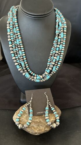 Navajo Sterling Silver 5 Strand 8mm Turquoise Heishi Necklace & Earrings Set | 20" | 17184
