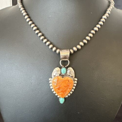 Navajo Spiny Oyster Heart | Turquoise Pendant Necklace | Sterling Silver | Authentic Native American Handmade | 16457
