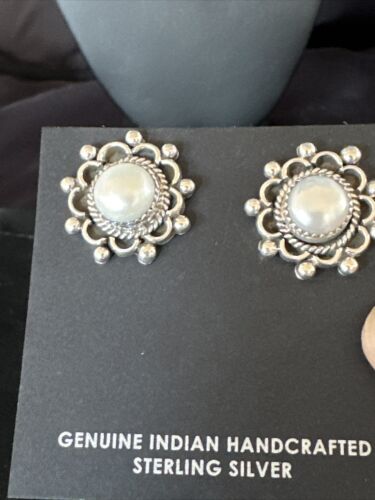 Navajo White Pearl Post Stud Earrings | Sterling Silver | Authentic Native American Handmade | 15329