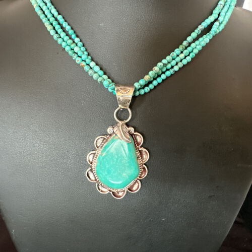 Navajo Blue Turquoise Pendant | Sterling Silver 3-Strand Bead Necklace | 17" | Authentic Native American Handmade | 15996