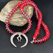 Navajo Blue Turquoise Naja Red Coral Sterling Silver Pendant Necklace 24" | Native American | 14434
