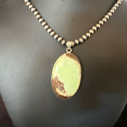 Navajo Green Gaspeite Pendant Necklace | Sterling Silver | Authentic Native American Handmade | 15486