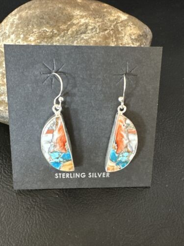 Navajo Blue Turquoise & Orange Spiny Oyster Inlay Dangle Earrings | Sterling Silver | 15584