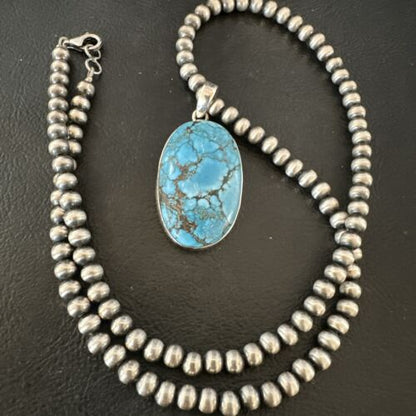 Navajo Blue Spiderweb Turquoise Pendant Necklace | Sterling Silver | Authentic Native American Handmade | 17014