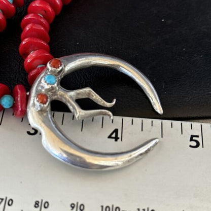 Navajo Blue Turquoise Naja Red Coral Sterling Silver Pendant Necklace 24" | Native American | 14434 - Masha USA
