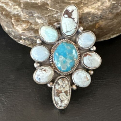 Navajo Golden Hills Turquoise Cluster Ring | Authentic Native American Sterling Silver | Multi-Stone | Sz 8.5 | 16285
