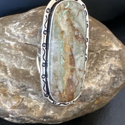 Navajo Ribbon Boulder Green Turquoise Ring | Sterling Silver | Sz 8.5 | 16254
