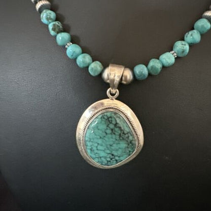 Men's Blue Spiderweb Turquoise Pendant Necklace | Navajo Sterling Silver | Authentic Native American Handmade | 17085